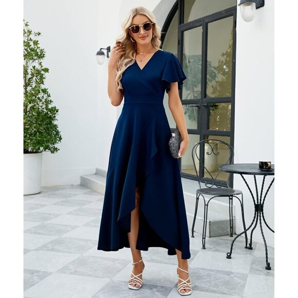 Long Formal Dresses for Women Navy blue V Neck Wrap Ruffle Dress - Picture 6 of 6